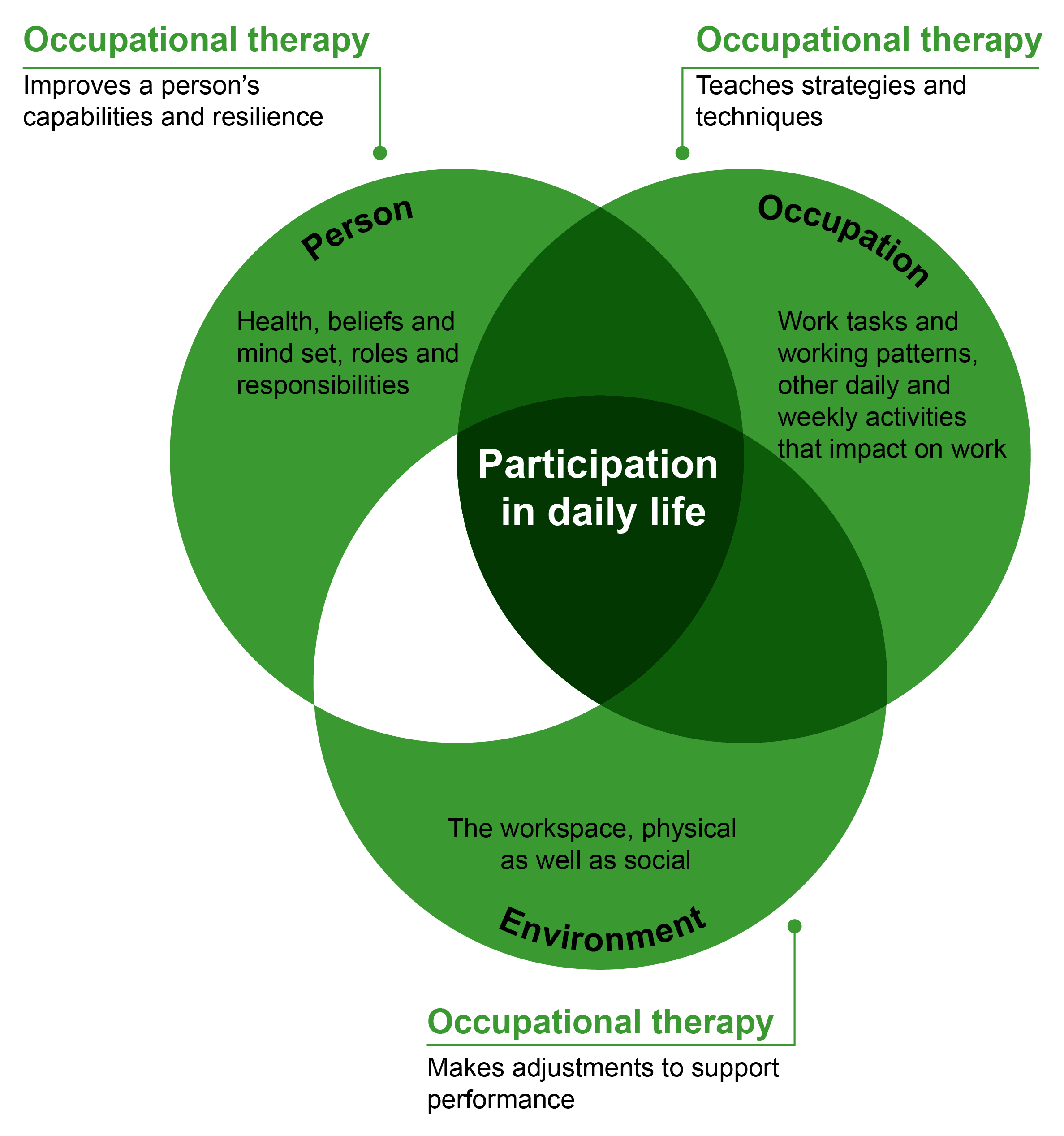 Venn diagram consisting of three overlapping circles labelled Person, Environment, and Occupation. At the centre, where all three circles intersect, is the phrase “Participation in daily life”.