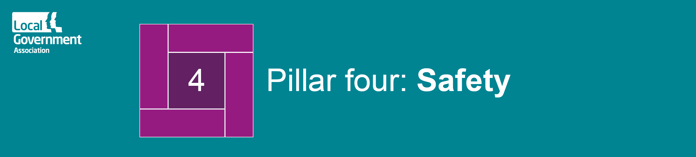 A dark green vertical banner with a purple cube with the number four in the middle. To the right of the cube is the text 'Pillar four: safety'