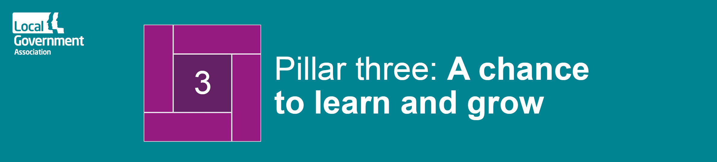 A dark green vertical banner with a purple cube with the number 3 in the middle. To the right of the cube is the text 'Pillar Three: A chance to learn and grow'