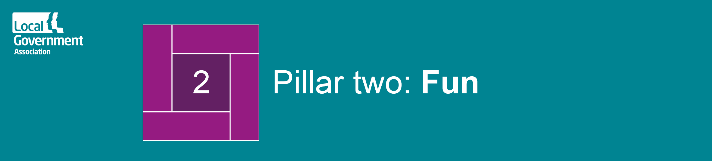 A dark green vertical banner with a purple cube with the number 2 in the middle. To the right of the cube is the text 'Pillar two:fun'