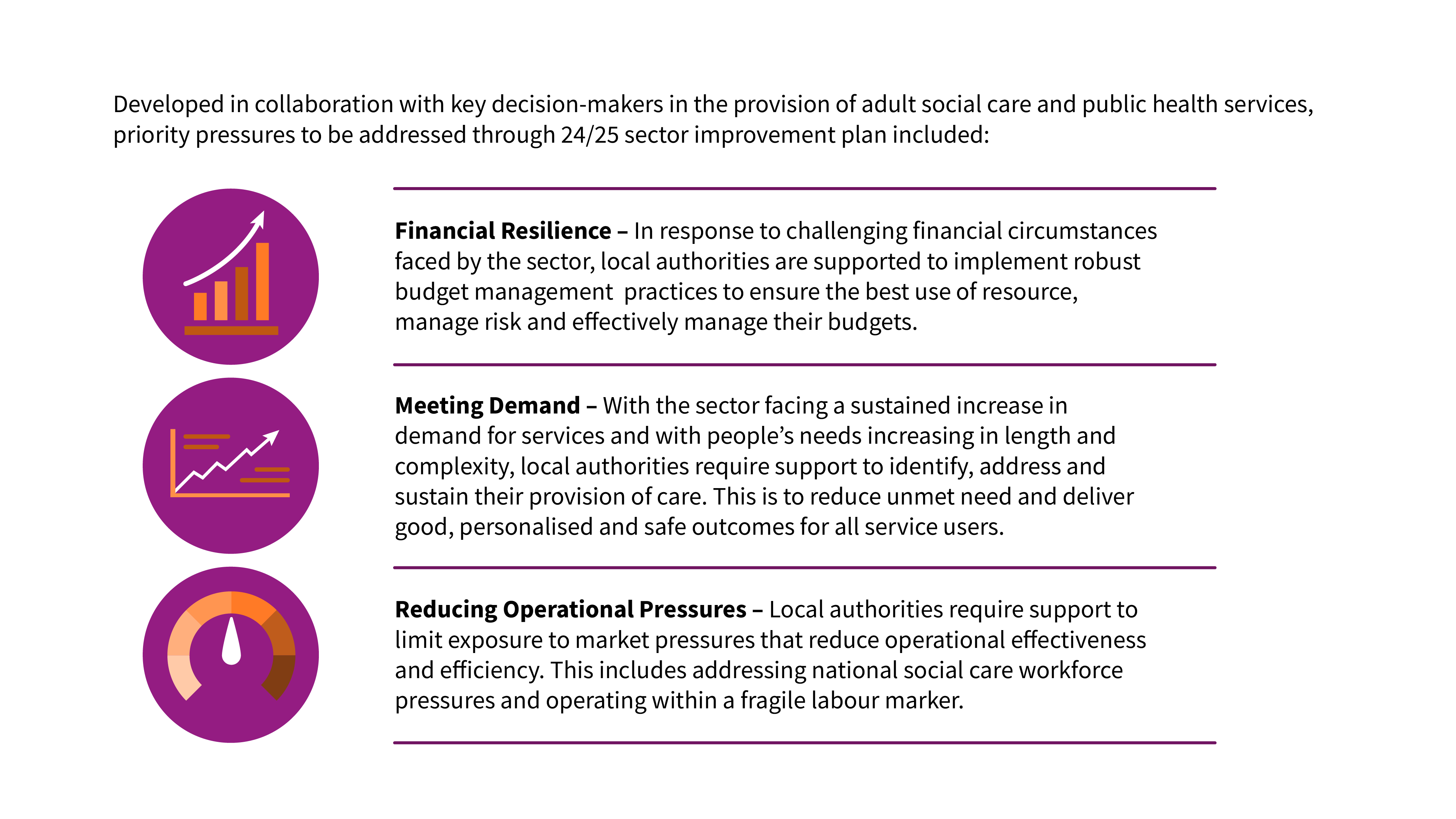 The image shows the three priority pressures to be addressed through the 2024/25 sector improvement plan: financial resilience (local authorities are supported to implement robust budget management practices to ensure the best use of resource, manage risk and effectively manage their budgets); meeting demand (local authorities require support to identify, address and sustain their provision of care; this is to reduce unmet need and deliver good, personalised and safe outcomes for all service users)