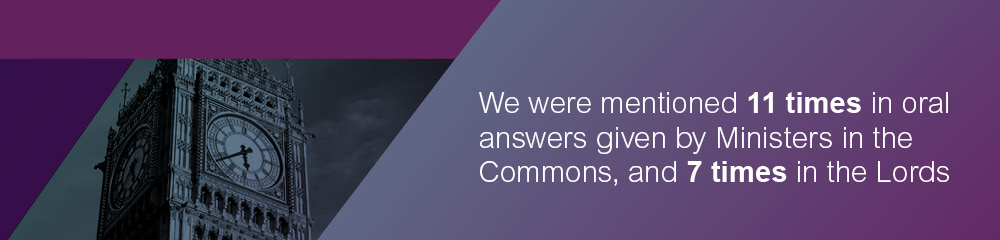 •	We were mentioned 11 times in oral answers given by Ministers in the Commons, and 7 times in the Lords.