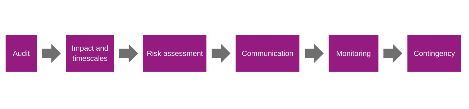 A timeline with arrow pointing in one direction between boxes titled Audit, Impact and Timescales, Risk Assessment, Communication, Monitoring and Contingency.