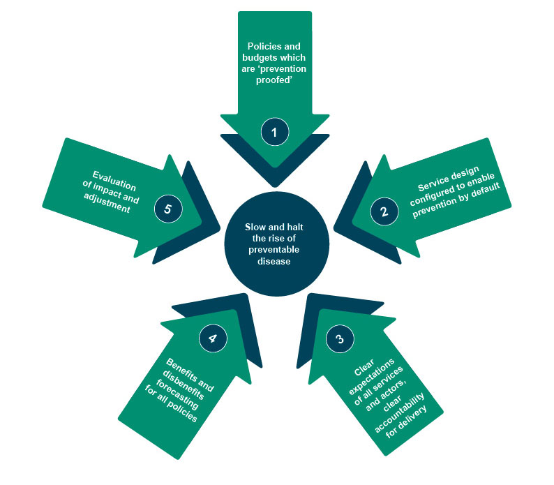 A diagram presenting the five pillars to slow and halt a rise in preventable diseases