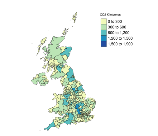 UK map showing C02kilotonnes in different areas using different shades of green and blue representing differing amounts of CO2 