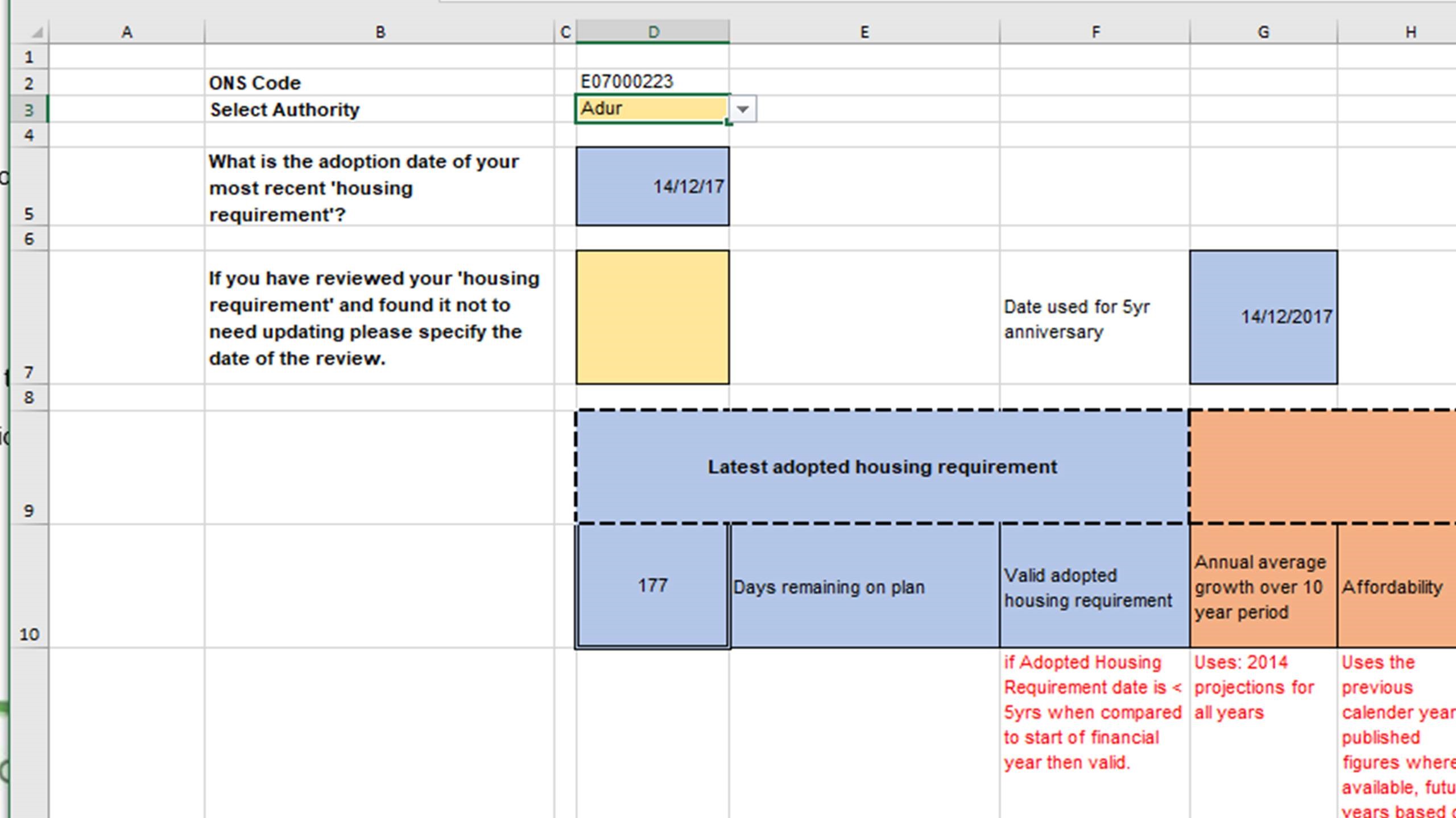 gure 4: Inputting the local authority’s name and updating the review date of the most recent housing requirement (if relevant) in the Individual LA Sheet