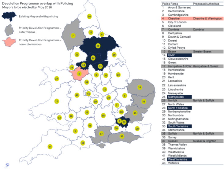Map of devolution priority areas and existing mayoral authorities with policing powers