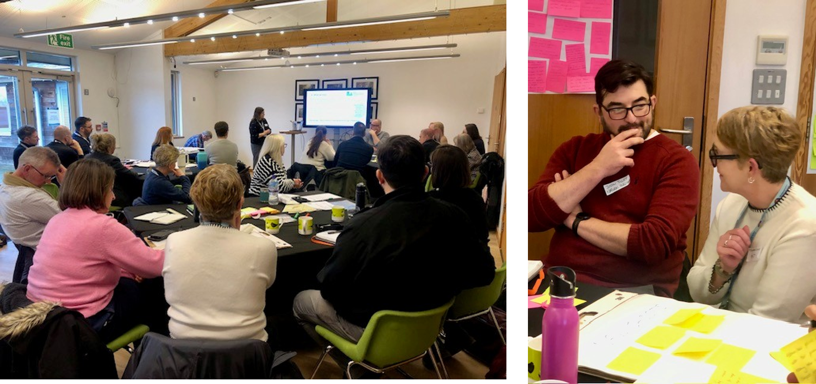 Two pictures side by side showing different images of workshop attendees
