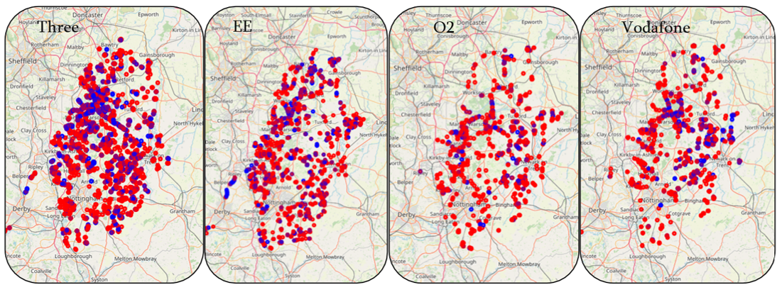 Four maps showing 4G and 5G not spots and poor coverage in Nottinghamshire for each of the four Mobile Network Operators. From left to right, Three, EE, O2 and Vodafone.