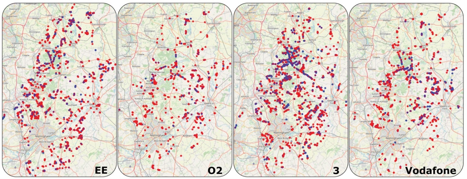 Four maps showing 4G not spots and poor coverage in Nottinghamshire for each of the four Mobile Network Operators. From left to right, EE, O2, 3, Vodafone.