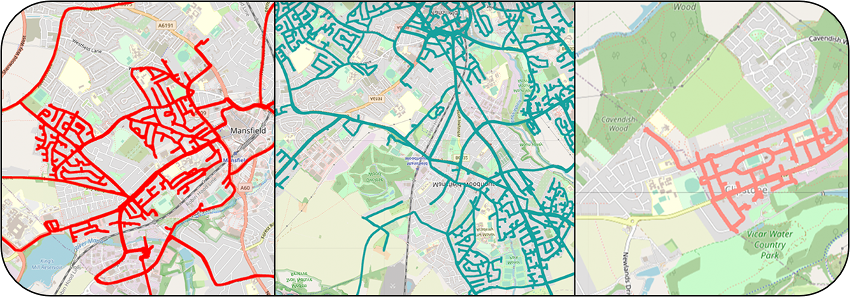 Three maps of Nottinghamshire showing weekly reports of how much data was mapped.