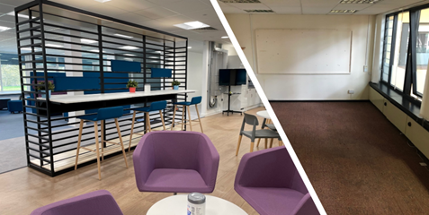 Empty office space with a cut across from what it is now and what it was before