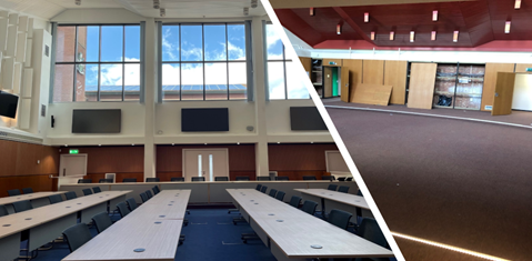 Refurbished council chamber, with long tables and desks with a cut across to what it was before, an empty hall