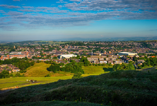 Aerial view of Oldham Borough countryside and houses