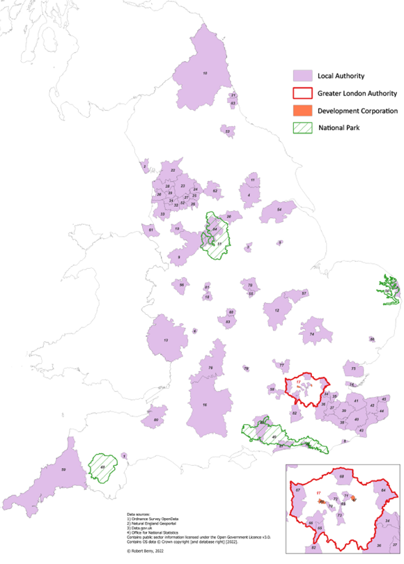 Map showing LPA locations involved in the research