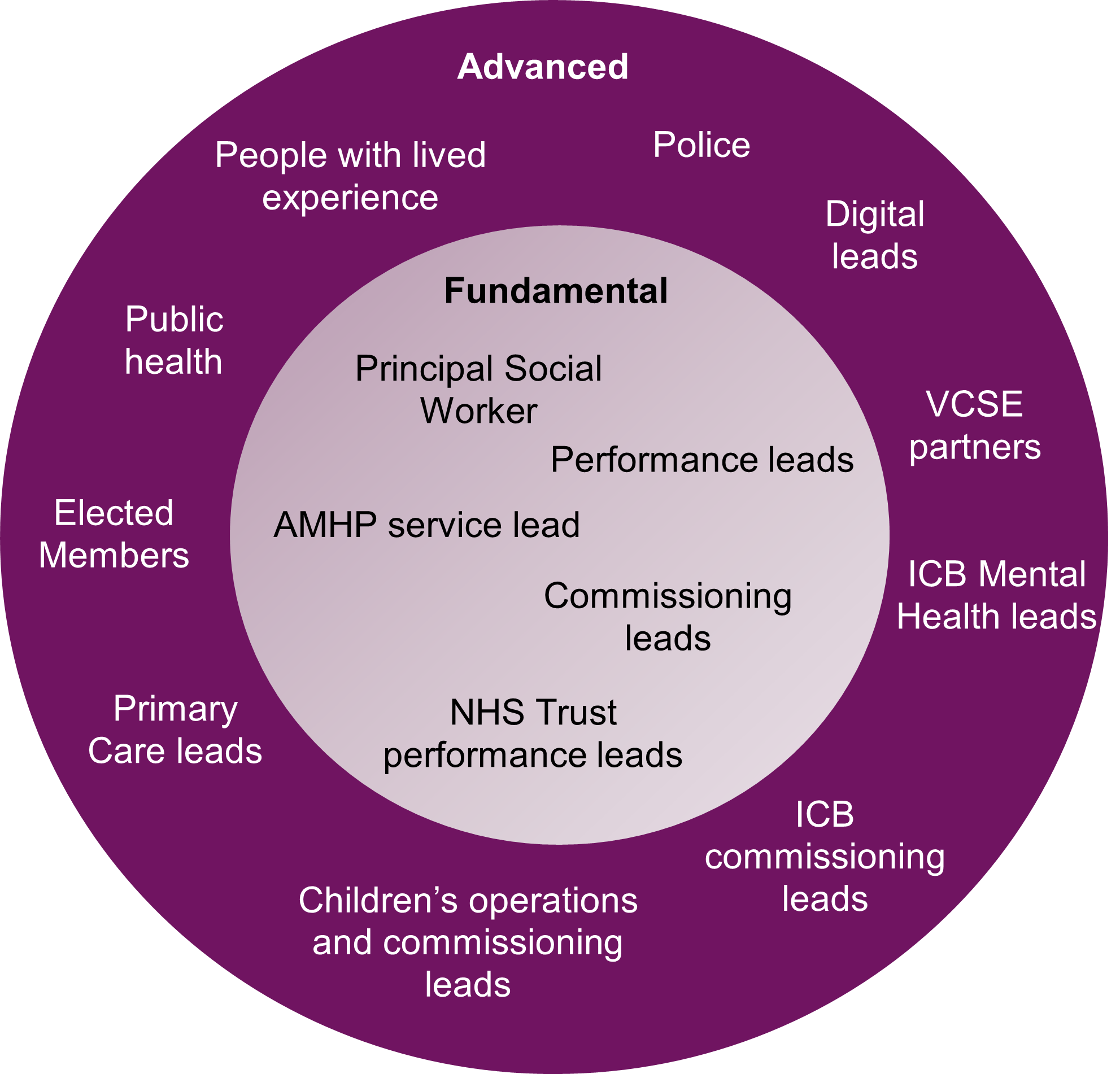 A diagram showing the fundamental and advanced stakeholders in the mental health system. The fundamental stakeholders are principal social worker, performance leads, AMHP service lead,  commissioning lead, NHS trust performance lead. Advanced are people with lived experience, police, digital leads, public health, elected members, primary care leads, children's operations and commissioning leads, and ICB commissioning leads.