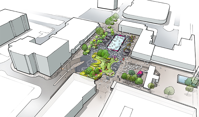 An artist’s impression detailing the vacant bus station, showing the proximity to the architecture that surrounds it, and with the iconic Clock Tower to the far right of the image. 