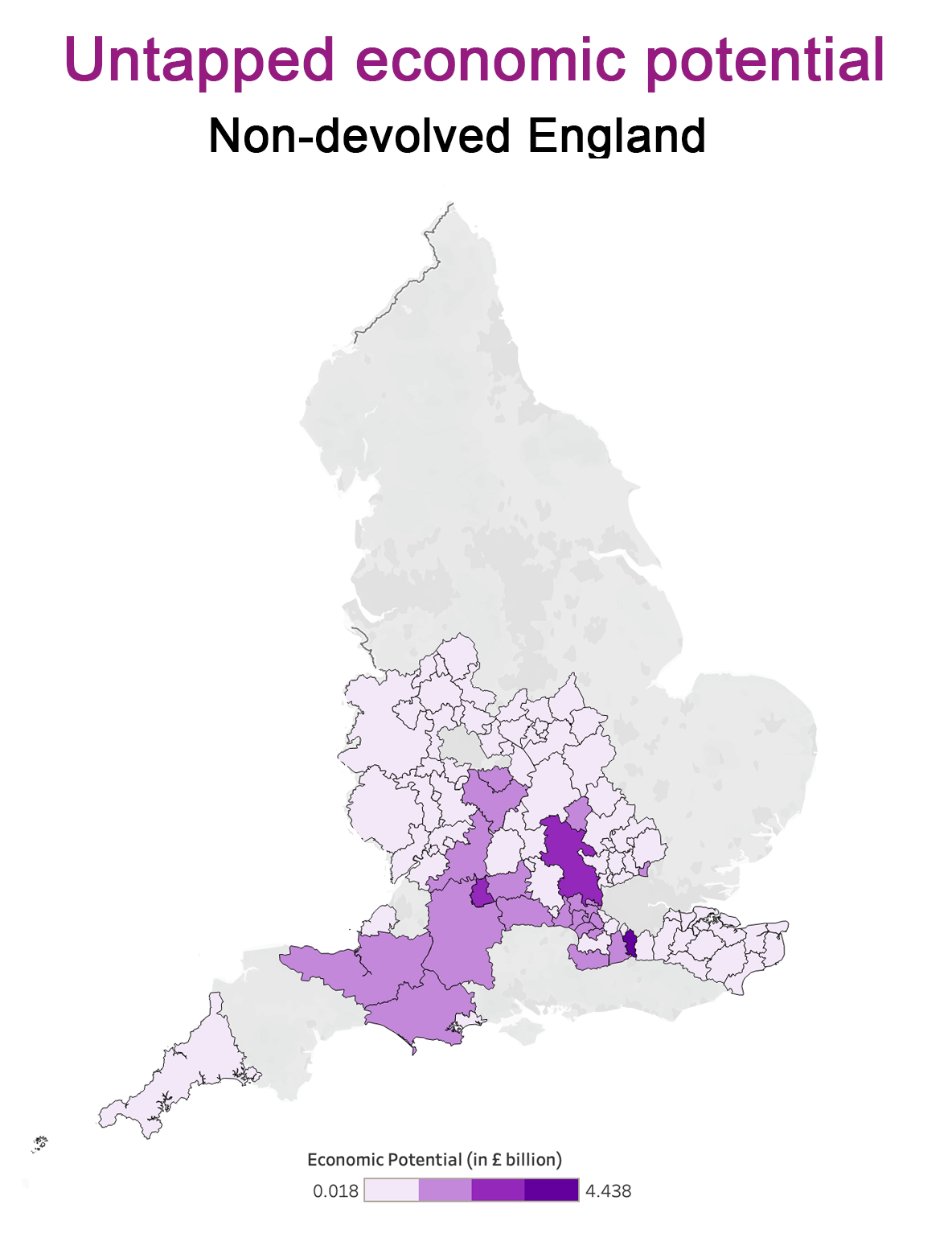 A map of England showing the untapped economic potential of non-devolved places. Reigate and Banstead have the largest untapped potential at £4.4 billion.