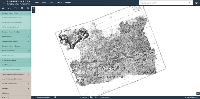 A historic map view of surrey heath