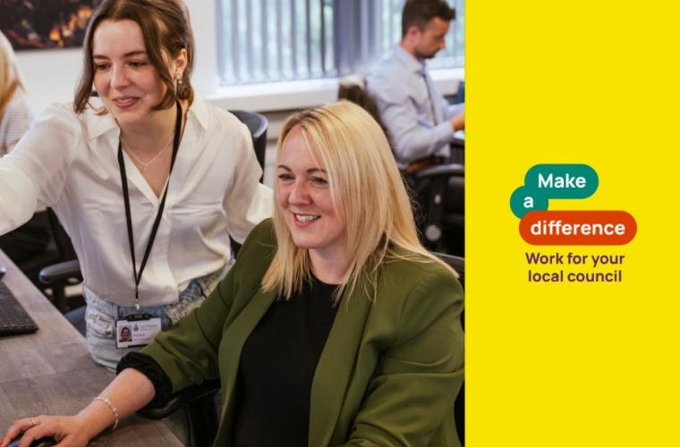 Two people in an office looking at a computer screen. To the right is the make a difference work for your local council logo.