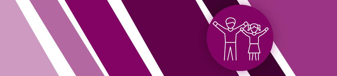 purple and white banner showing  a girl and boy waving 