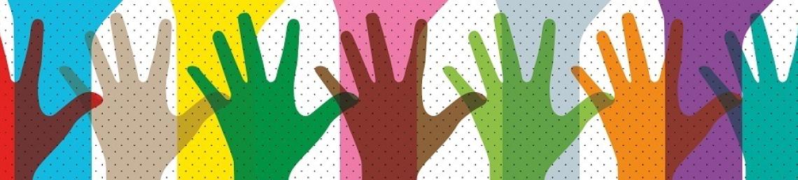 Seven hands in a line with different colours per hand including red, blue, green and yellow 
