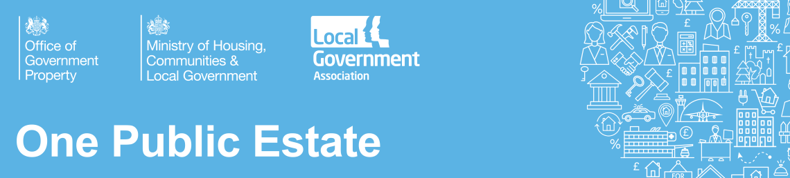 Blue banner with the OGP, MHCLG and LGA logos on it and the words One Public Estate