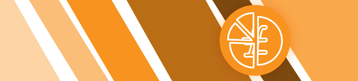 a banner of diagonal stripes in various shades of orange, with a round icon of a pound coin divided up into pieces in the foreground