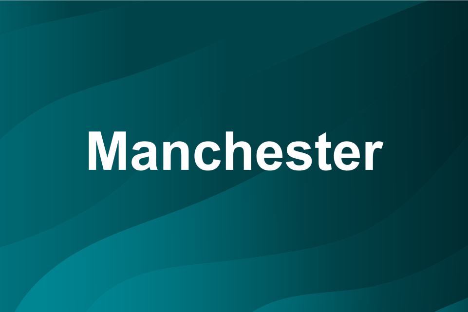 Blue background with text: Manchester