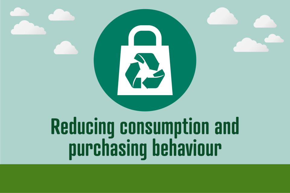 Picture of icon with bag and recycling logo, with text reading 'reducing consumption and purchasing behaviour'