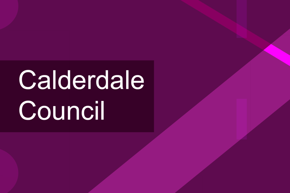 Calderdale Council written in white on purple background 