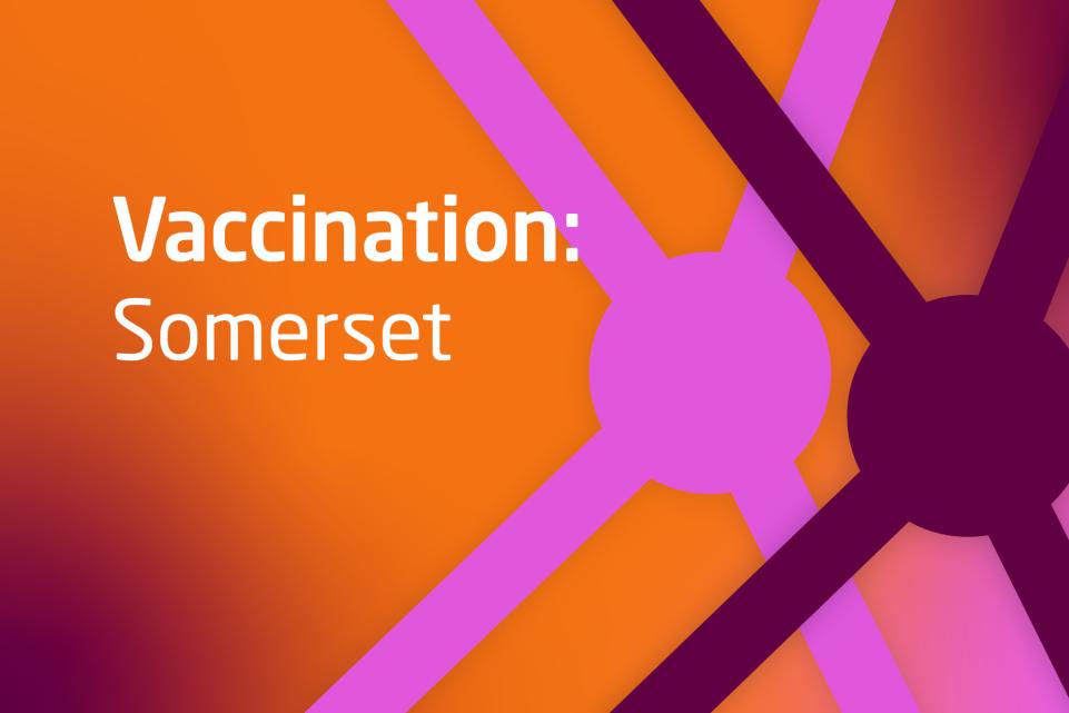 Graphic with COVID symbols and text vaccination Somerset