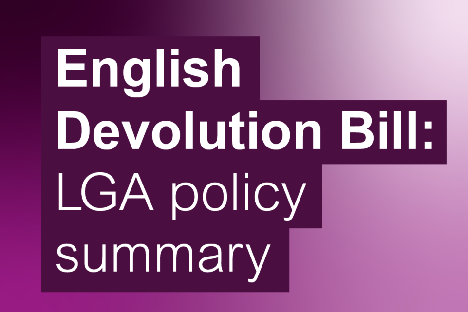 English Devolution Bill: LGA policy summary in white text on a purple background