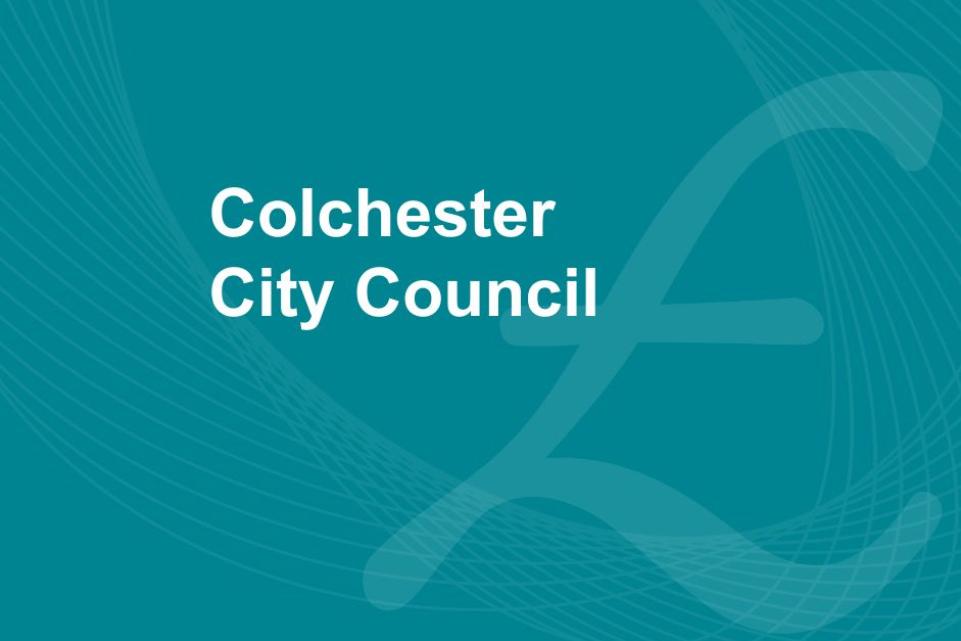 Teal background with British Pound Sign and the text 'Colchester City Council'