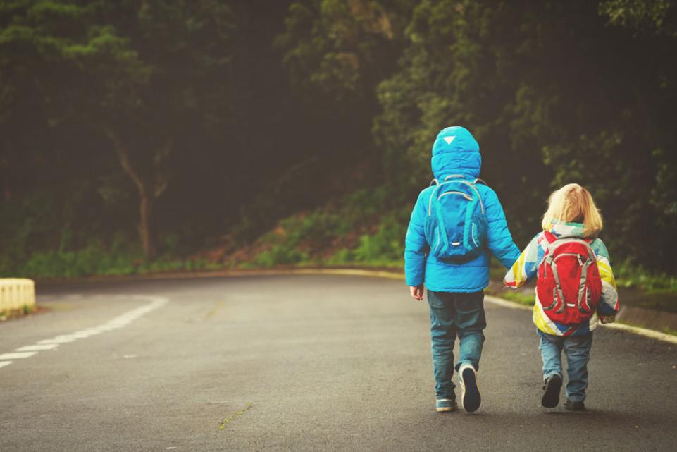 o small children walking along a road hand in hand